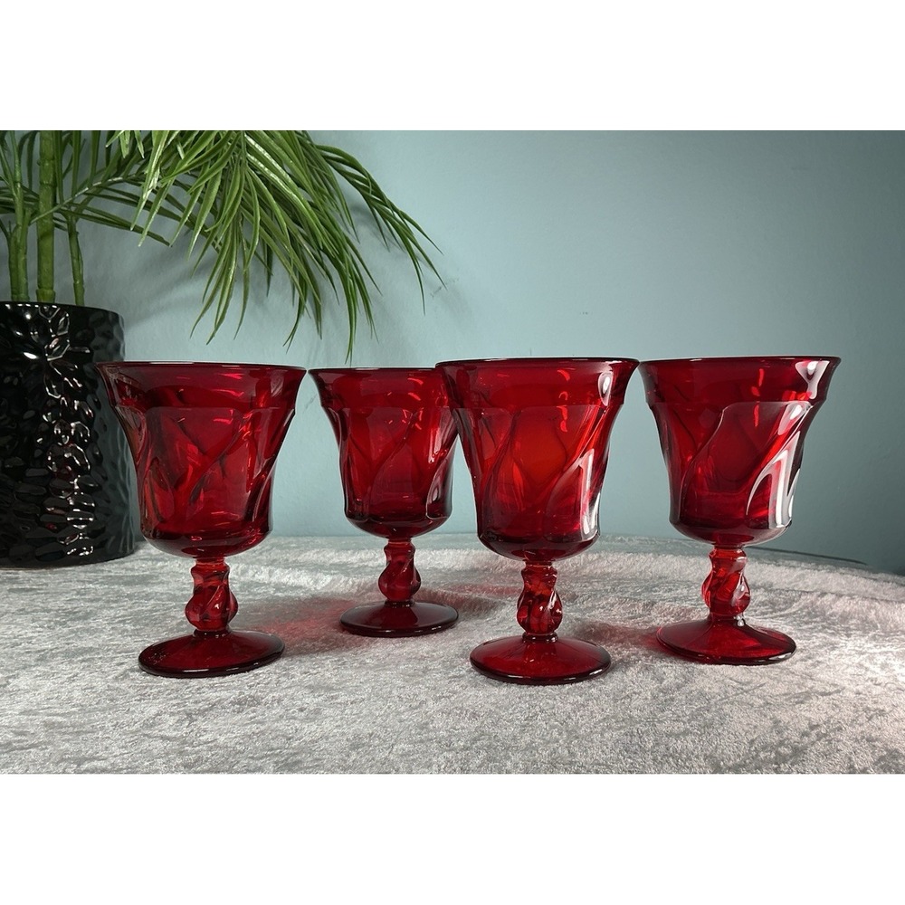 Vintage 4 Fostoria Jamestown Heavy Ruby Red Claret Wine Water Goblets Twist Stem